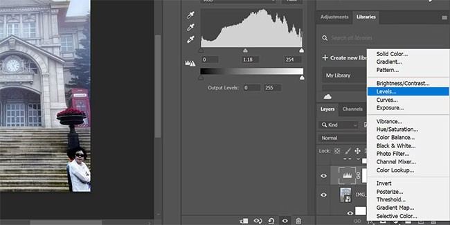 Chọn layer Levels adjustment