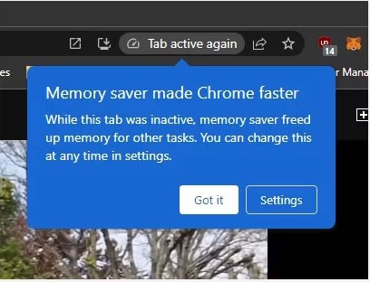 Tùy chọn Chrome Memory Saver trong cửa sổ trình duyệt