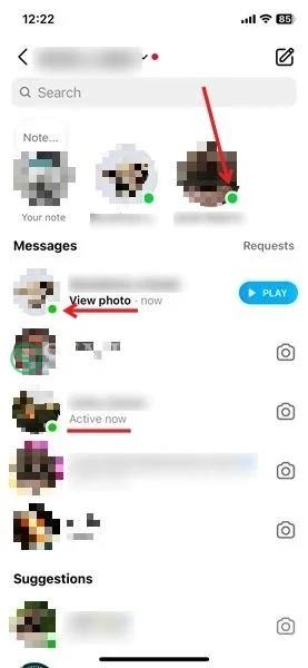 Chế độ xem trạng thái đang hoạt động trong Tin nhắn trực tiếp trên Instagram.