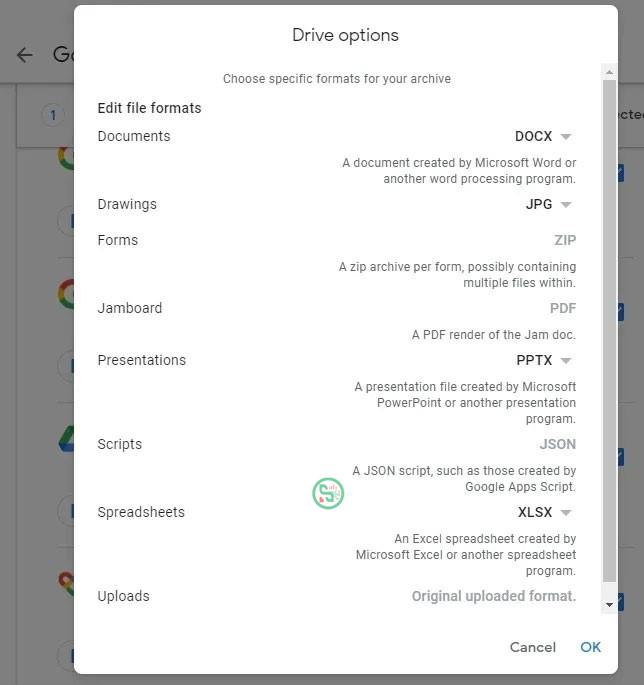 Chọn định dạng cho file Google Drive.