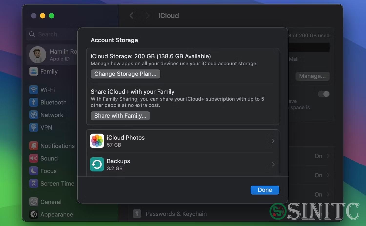 Menu Account Storage trong iCloud trên macOS