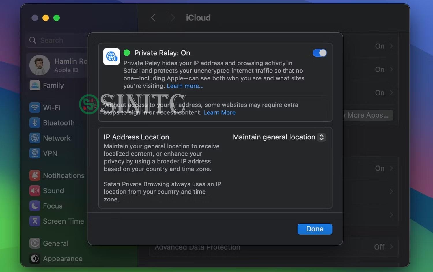 Menu iCloud Private Relay trong macOS