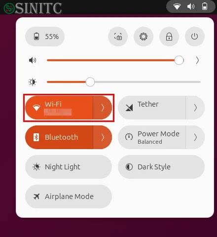 Công tắc bật tắt WiFi trên Quick Settings Ubuntu.