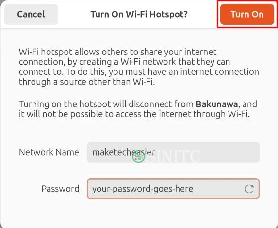 Nút Turn On trên cửa sổ tạo WiFi Hotspot.