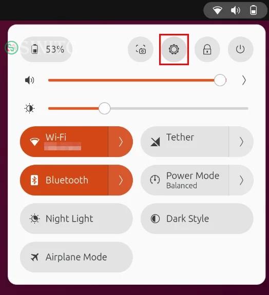 Nút Settings trên menu nhanh Ubuntu.