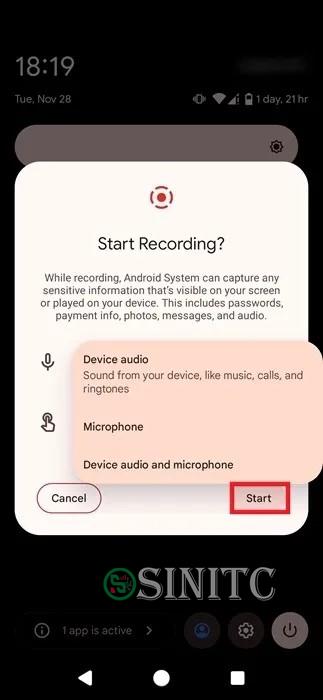 Chọn nguồn ghi âm trong khi sử dụng Screen Recorder trên Android.