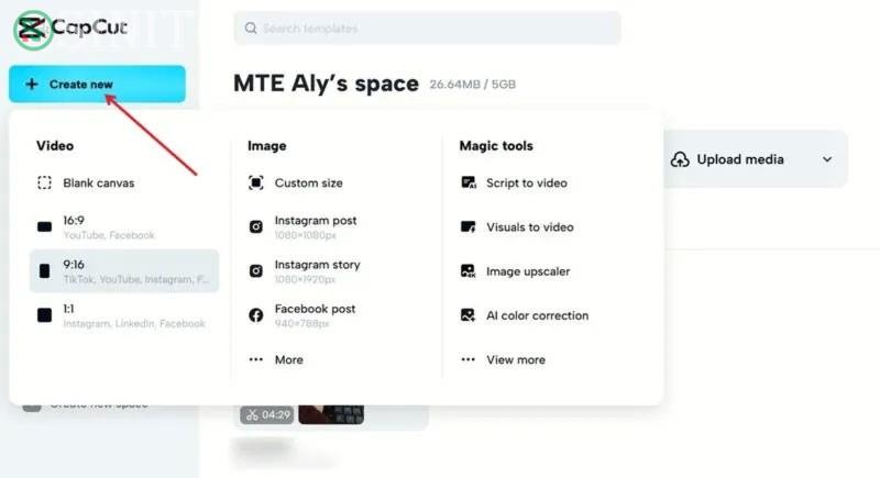 Nhấp vào nút Create new trong phiên bản web CapCut.
