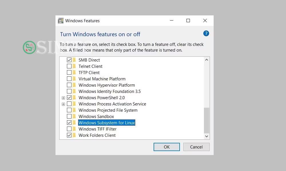 Tùy chọn Windows Subsystem for Linux trong trang Windows features