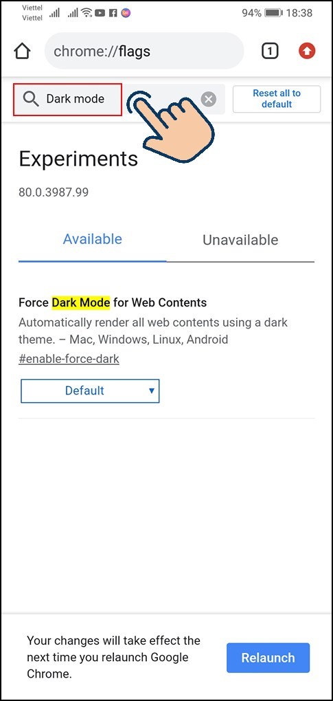 gõ tìm kiếm Dark mode.