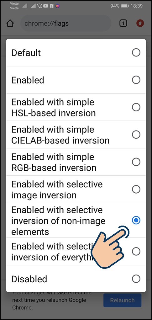 Ở mục Force Dark Mode for web contents chuyển tùy chọn từ Default sang Enabled with selective inversion of non-image elements.