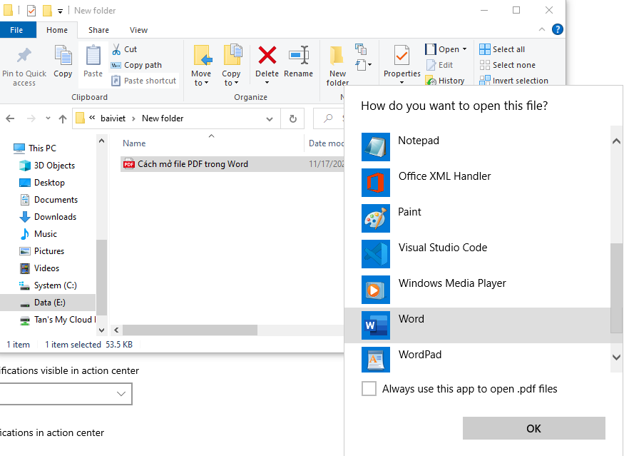 Chọn mở tập tin PDF bằng Word
