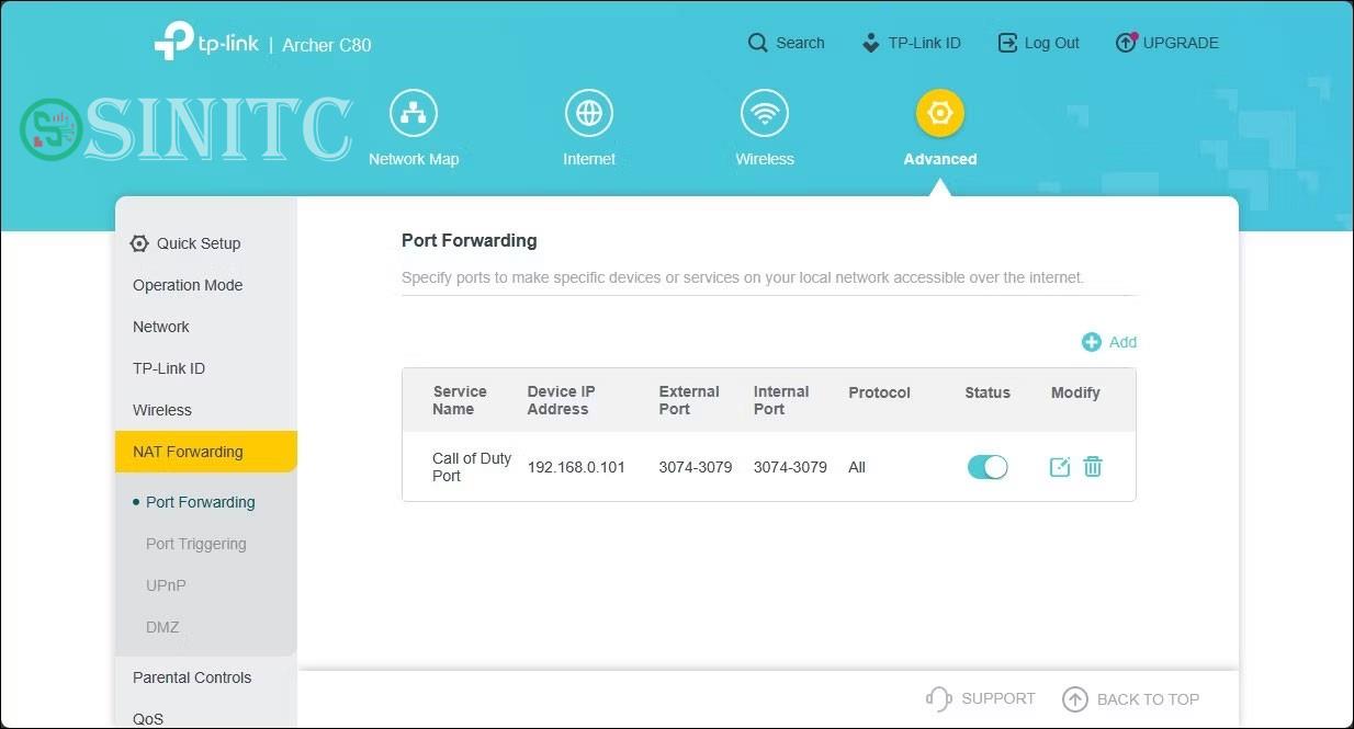 Giao diện web TP-Link hiển thị mục nhập port forwarding