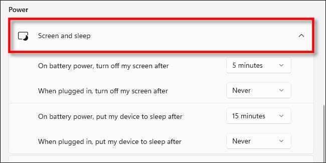 Nhấp để mở rộng phần “Screen and Sleep” 
