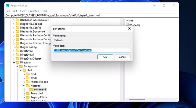 Nhập C:\Windows\System32\notepad.exe vào hộp Value data