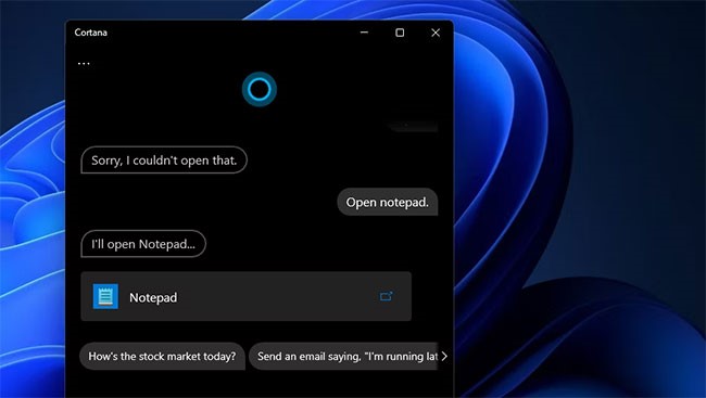 Nhập lệnh Open Notepad trong Cortana