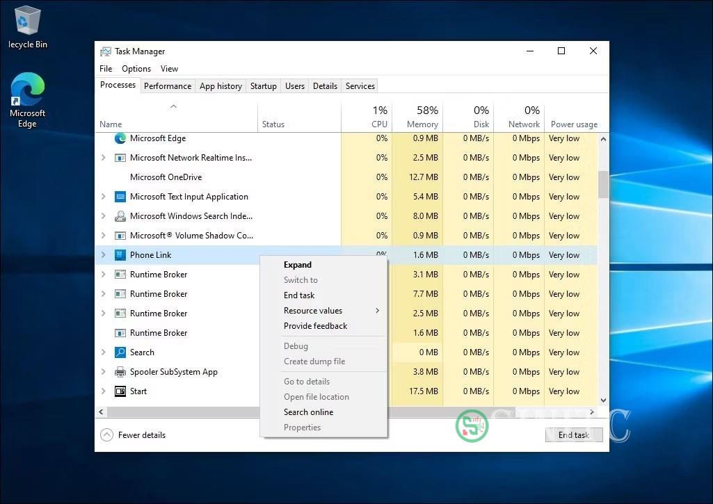 Kết thúc tiến trình Phone Link trong Task Manager Windows 10