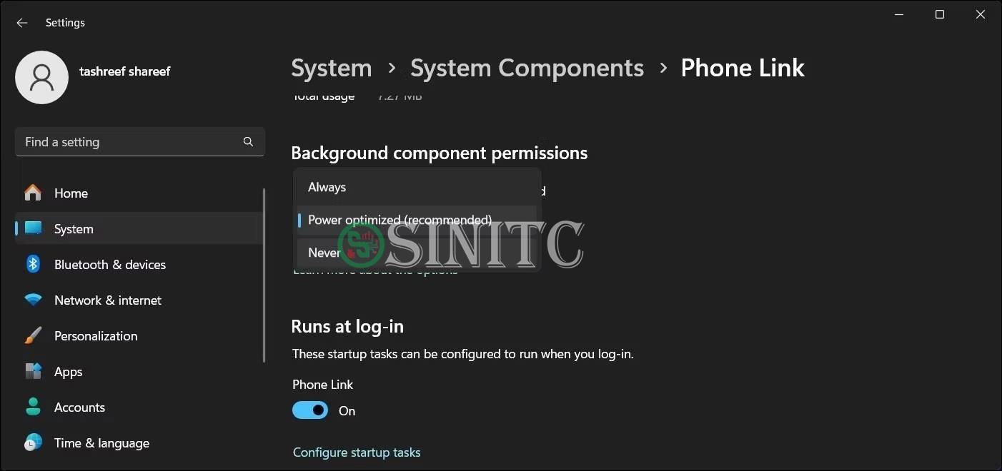 Background component permissions được đặt thành Never trong cài đặt Windows 11