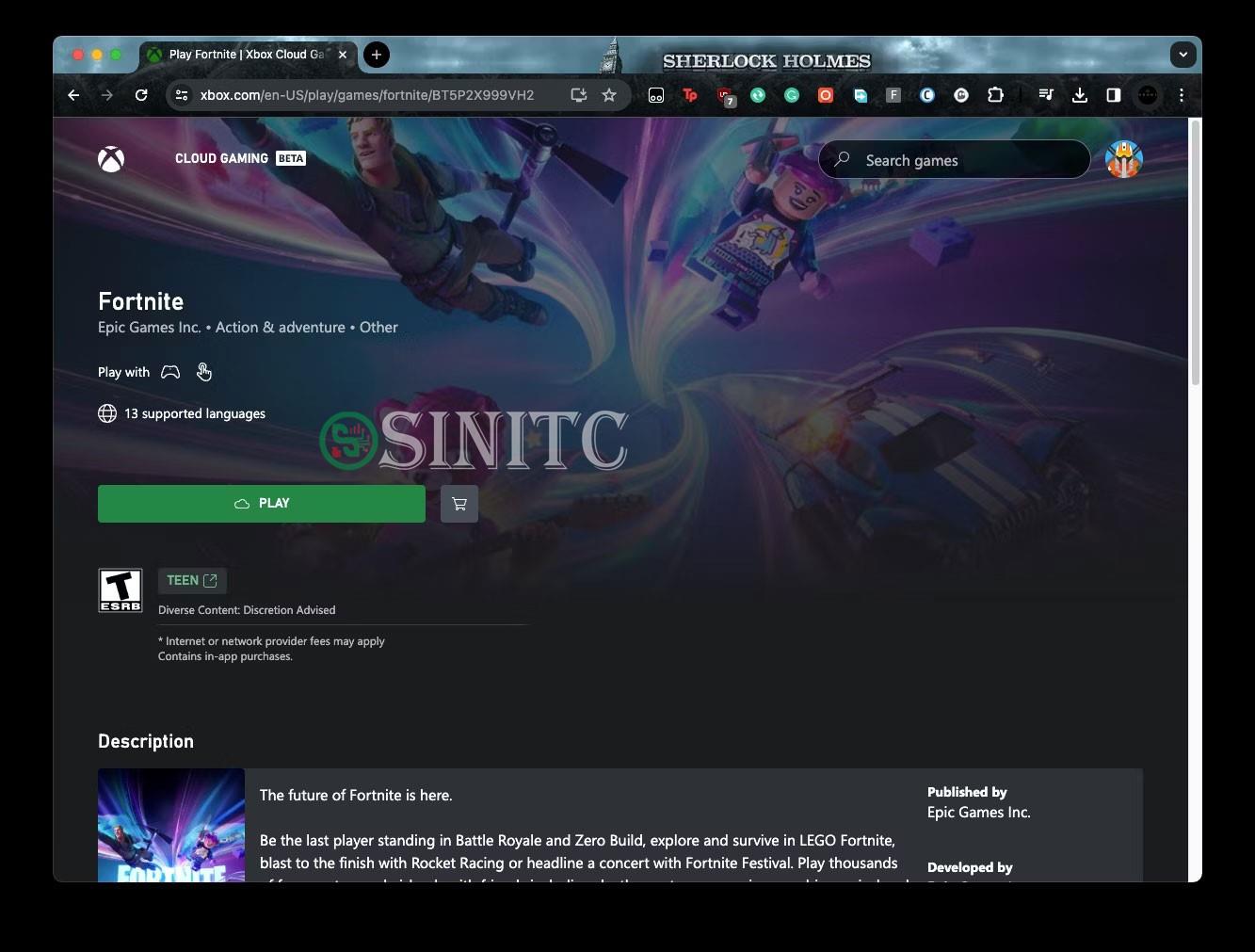 Trang Fortnite Xbox Cloud Gaming có nút Play