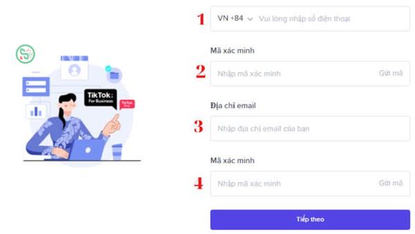 Nhập Số điện thoại, email của bạn và mã xác minh được gửi về