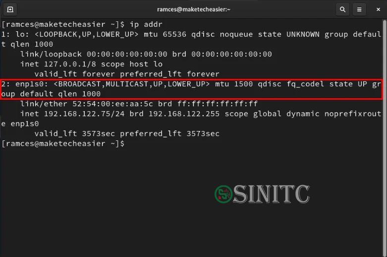 Terminal hiển thị interface mạng Ethernet cho máy