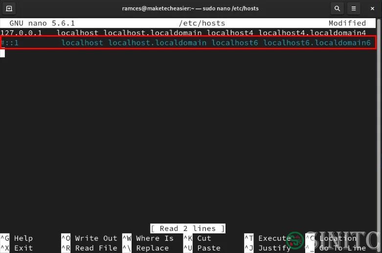 Terminal hiển thị địa chỉ IPv6 trong /etc/hosts bị vô hiệu hóa.