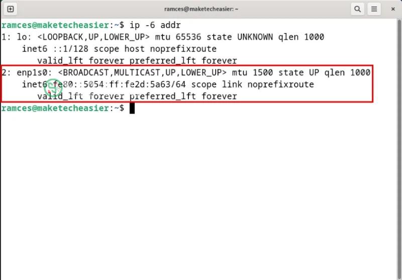 Terminal highlight interface mạng với ngăn xếp IPv6 đang chạy.