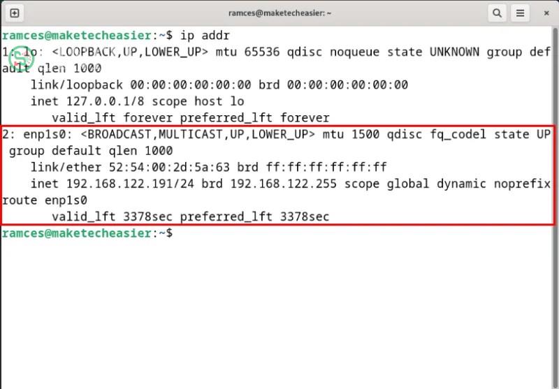 Terminal hiển thị interface mạng Ethernet mà không chạy ngăn xếp IPv6.