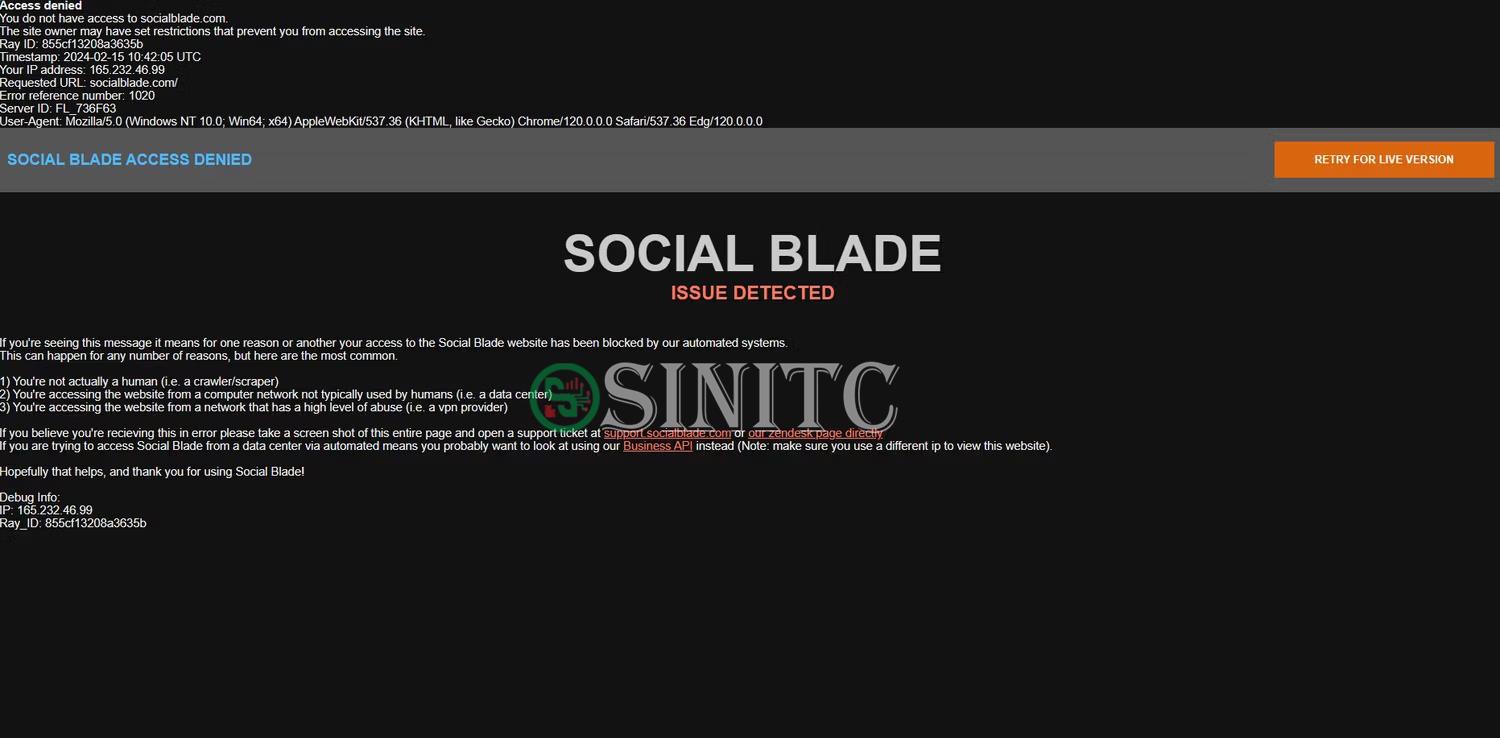 Thông báo chặn VPN trên trang web Social Blade