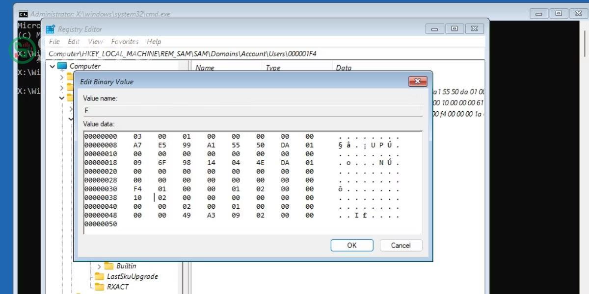 Sửa đổi giá trị nhị phân F trong registry để kích hoạt tài khoản admin