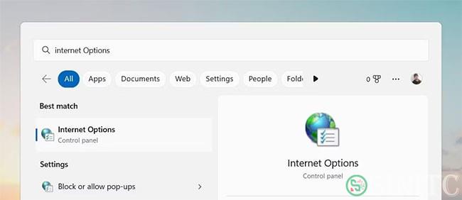 Mở Internet Options bằng công cụ Windows Search