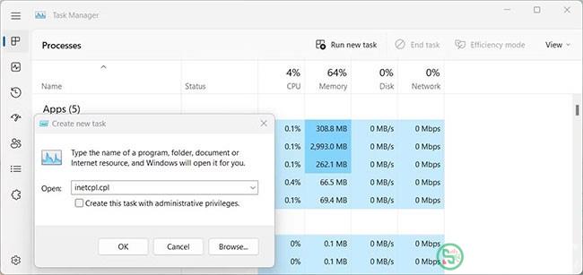 Mở Internet Options bằng Task Manager