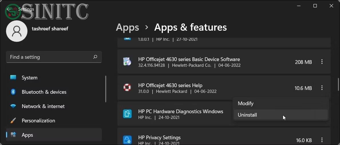 Xóa phần mềm máy in HP trong ứng dụng Settings Windows 11