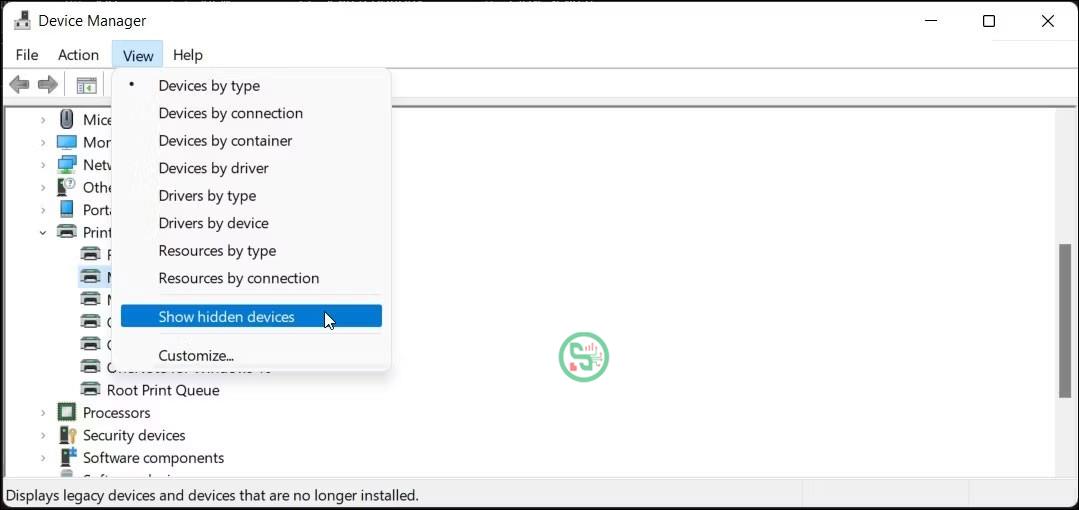Ứng dụng Device Manager có hiển thị các thiết bị ẩn được chọn trong Windows 11