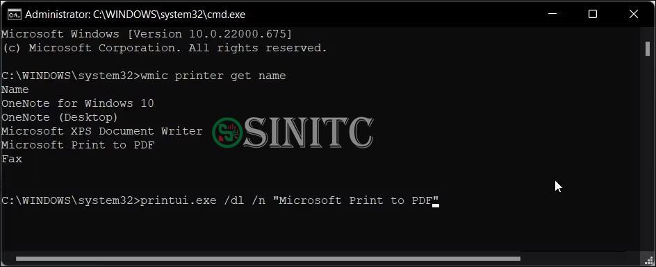 Command Prompt với lệnh xóa máy in trong Windows 11
