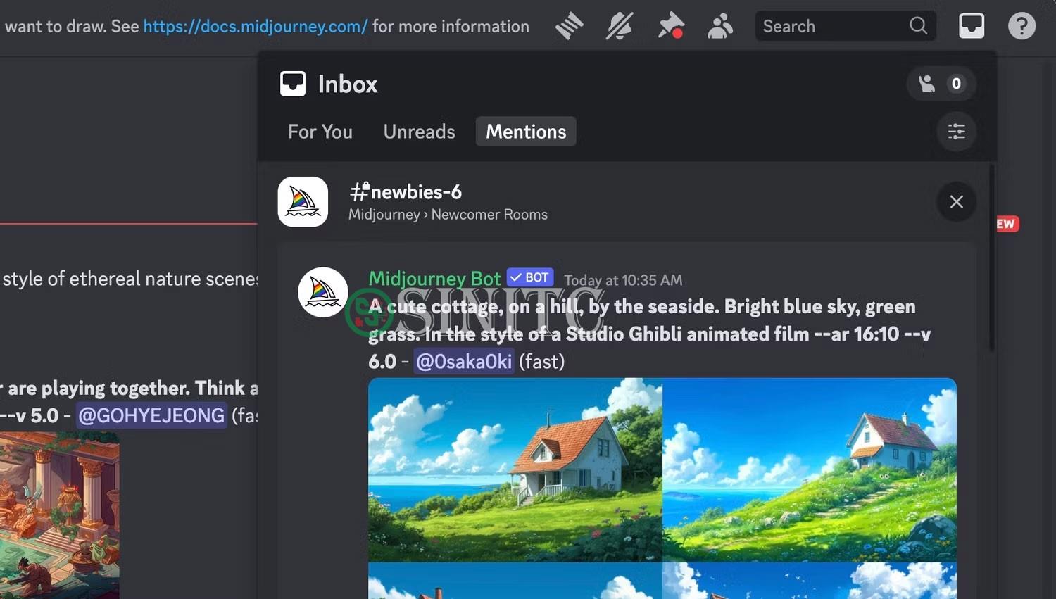 Discord inbox hiển thị lời nhắc Midjourney mới nhất