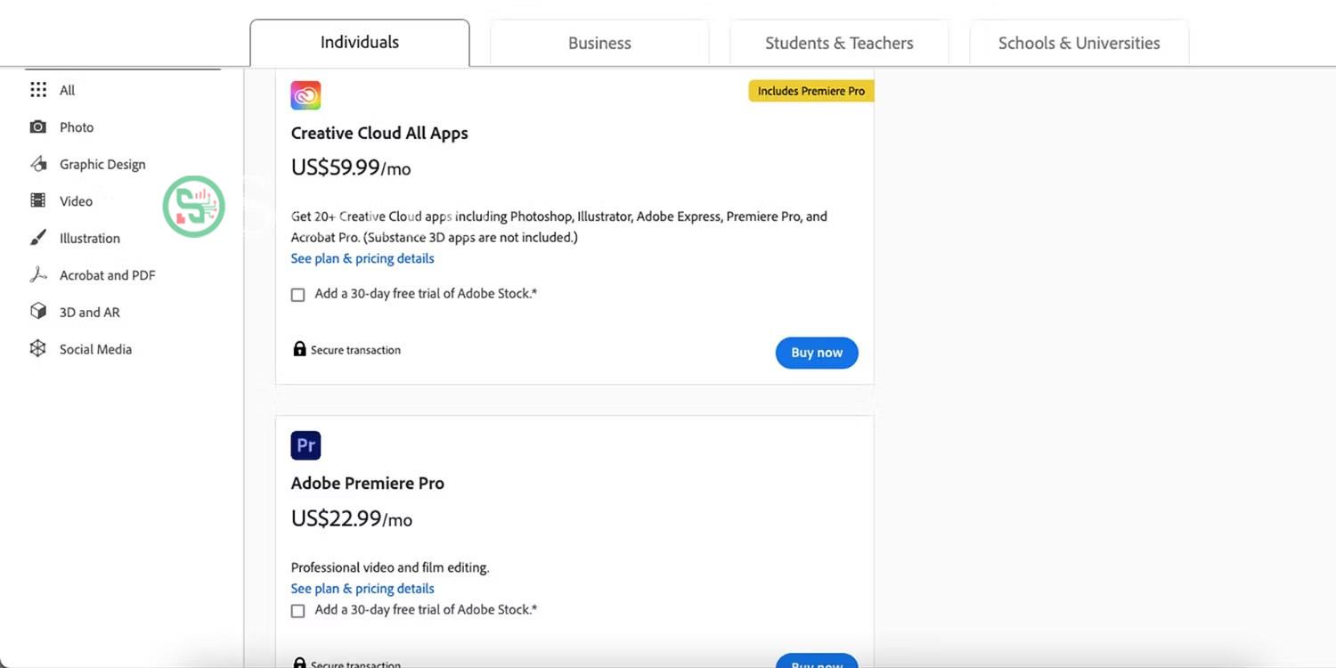 Gói giá đăng ký Adobe.