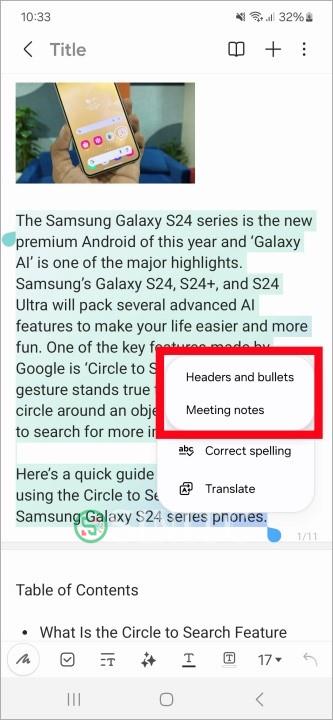 Tùy chọn định dạng ghi chú trên Galaxy S24