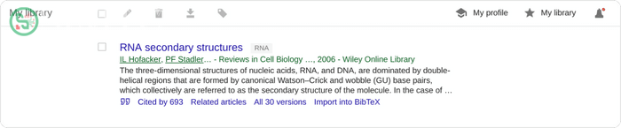 Mục nhập My library trên Google Scholar có nhãn tên RNA.