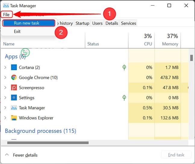 Chạy một nhiệm vụ mới trong Task Manager