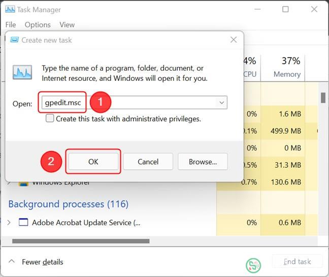 Mở Local Group Policy Editor từ Task Manager