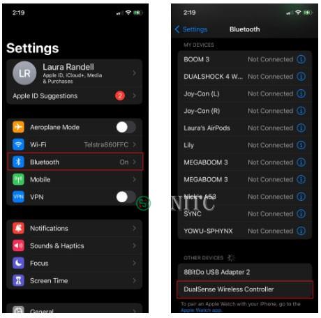 Tùy chọn DualSense Wireless Controller trong màn hình menu Bluetooth của iOS