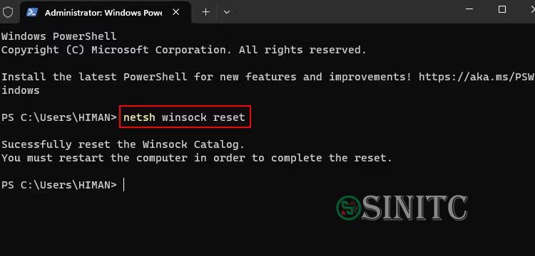 Reset Winsock Catalog trong Command Prompt của Windows.