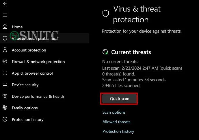 Nút Quick Scan trong Windows Defender