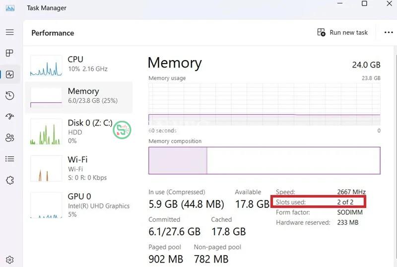 Xác định số lượng khe cắm RAM Dual Channel bằng Task Manager