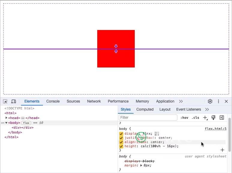 Hình vuông màu đỏ ở giữa trang web có Chrome Dev Tools hiển thị HTML và CSS