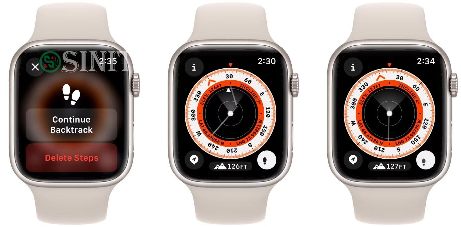 Ứng dụng Compass của Apple Watch hiển thị menu tạm dừng Backtrack, lộ trình và kết thúc