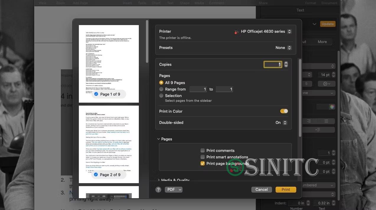 Menu Print mở trong ứng dụng Pages trên máy Mac