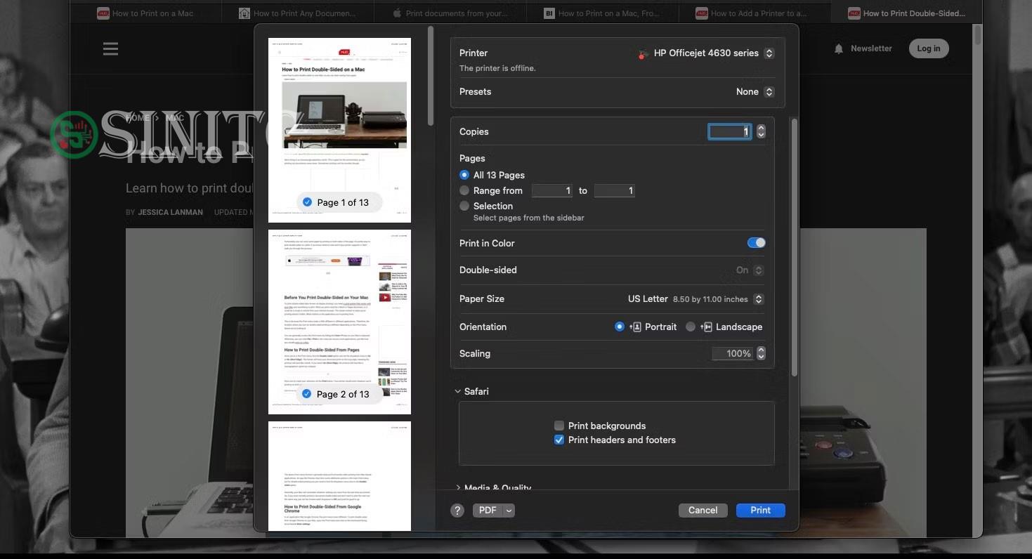 Menu Print mở trong ứng dụng Safari trên máy Mac