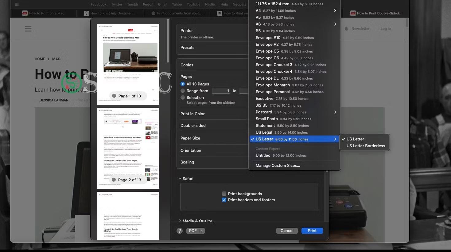 Menu drop-down Paper Size mở trong menu Print của máy Mac