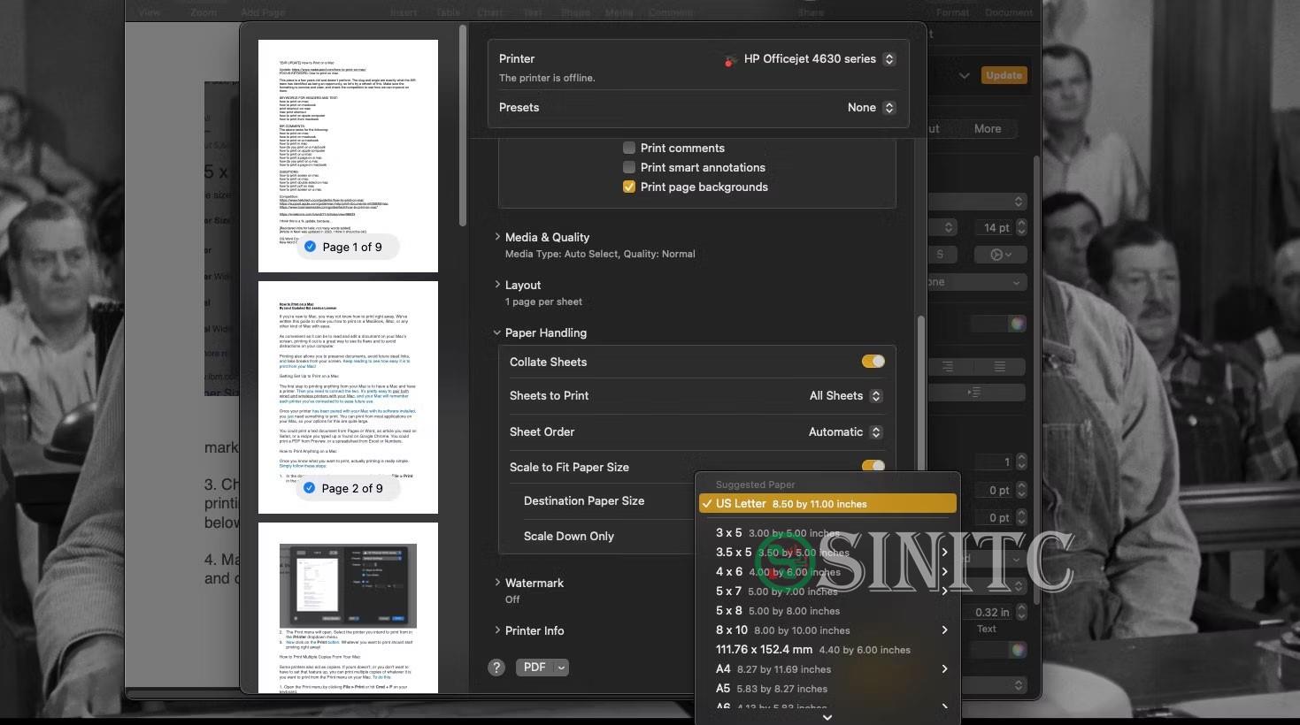 Menu drop-down Destination Paper Size mở trong menu Print của máy Mac